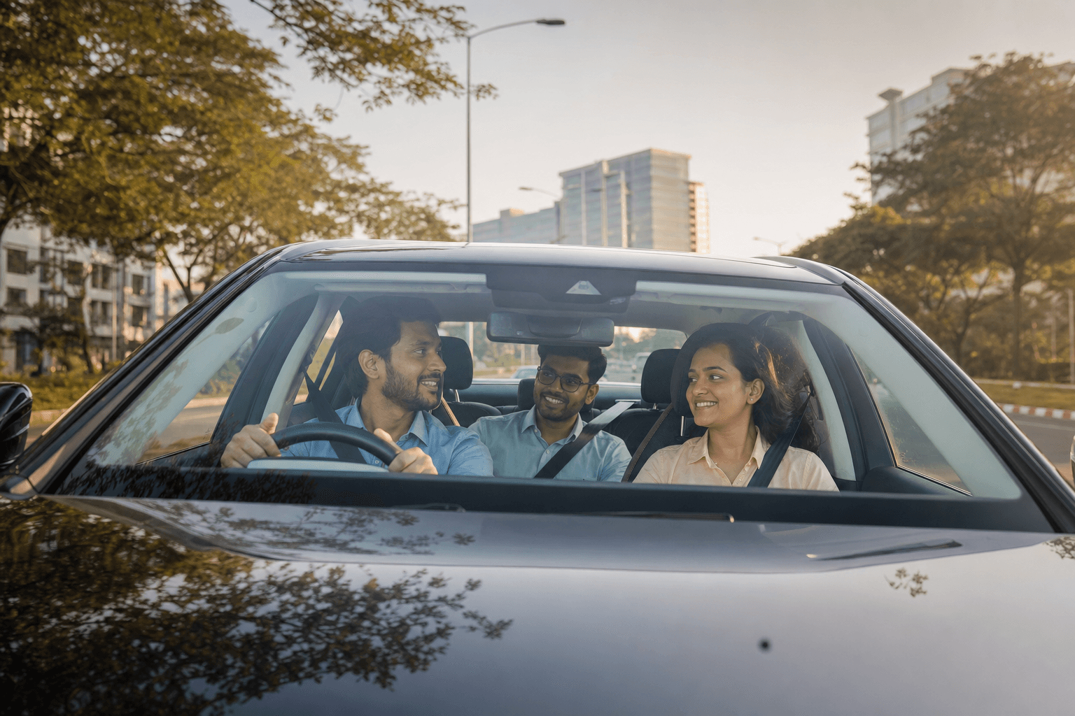 Colleagues sharing a car toward office towers at dawn